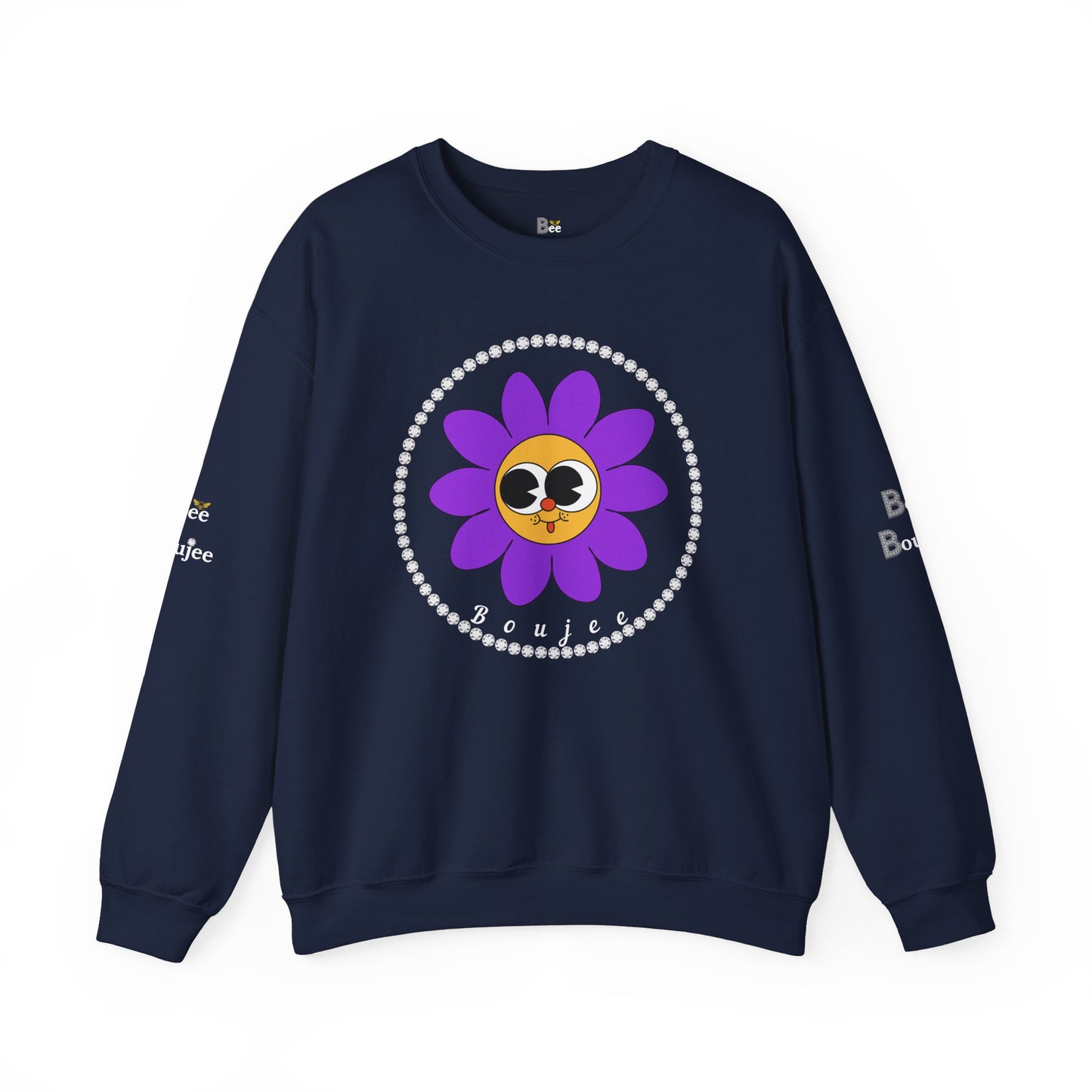 Boujee Flower Smiley Face Purple Gold Wide-Eyed - Heavy Blend™ Dark Colors Crewneck Sweatshirt