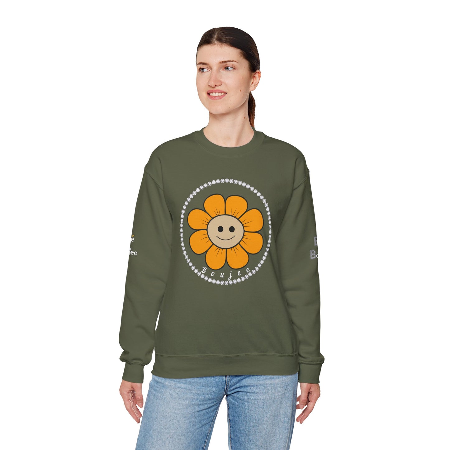 Boujee Flower Smiley Face Gold Tan - Heavy Blend™ Dark Colors Crewneck Sweatshirt