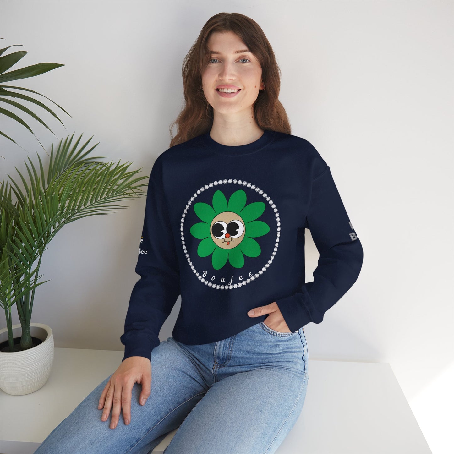 Boujee Flower Smiley Face Green Tan Wide-Eyed - Heavy Blend™ Dark Colors Crewneck Sweatshirt