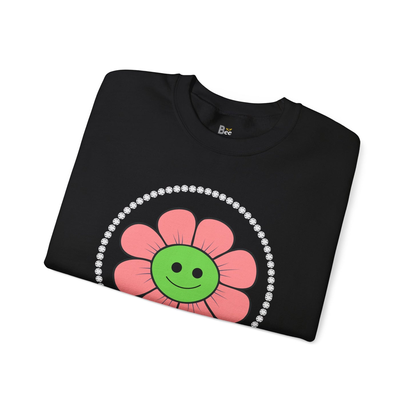 Boujee Flower Smiley Face Pink Green - Heavy Blend™ Dark Colors Crewneck Sweatshirt