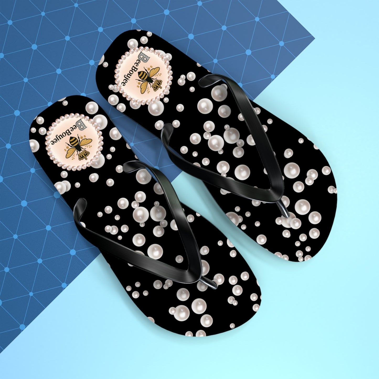 Bee Boujee Flip Flops - BLACK in Sea of Pearls - EXTRA LARGE