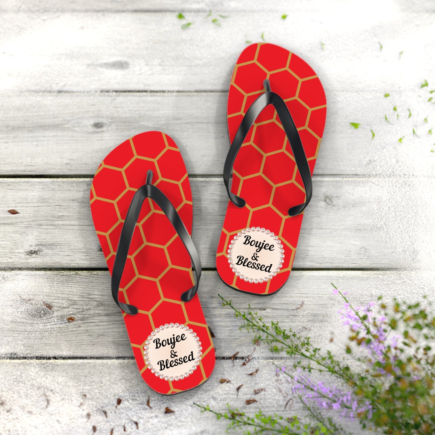Boujee & Blessed Flip Flops - RED Golden Honeycomb - EXTRA LARGE