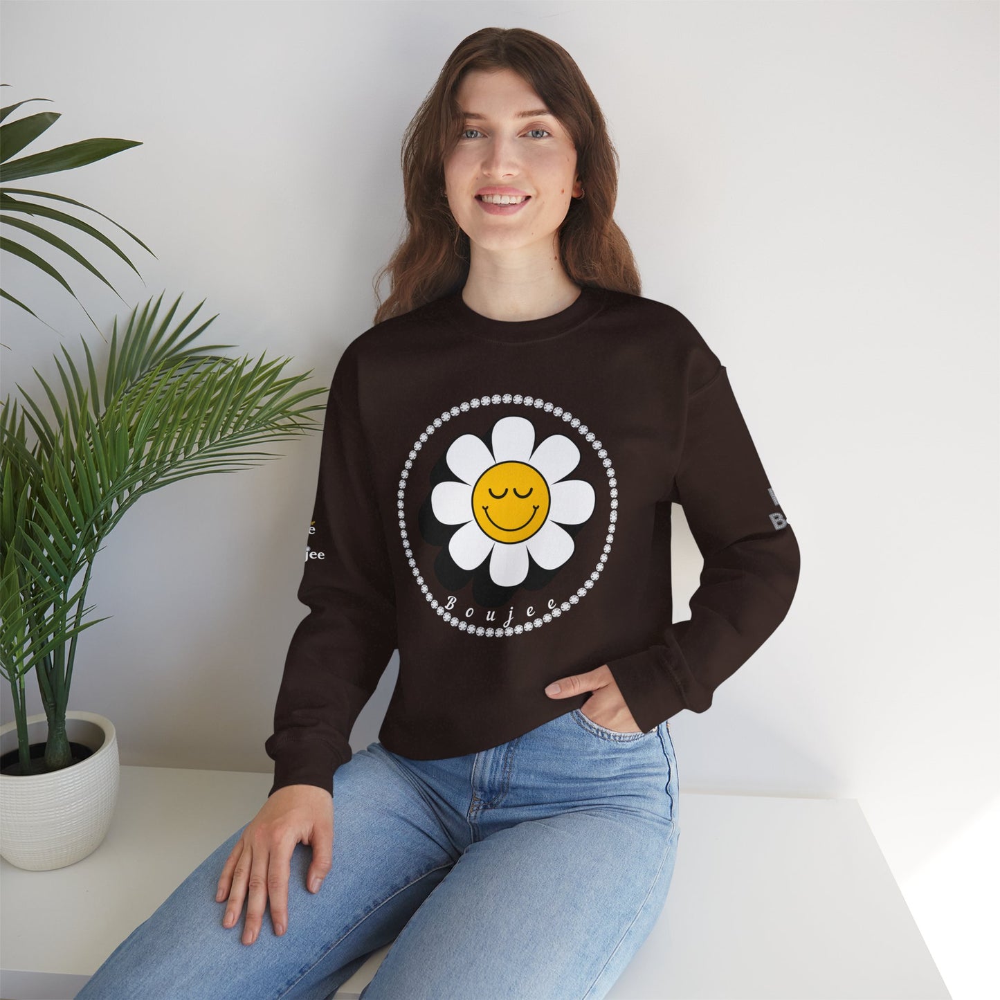 Boujee Flower Smiley Face Closed Eyes - Heavy Blend™ Dark Colors Crewneck Sweatshirt
