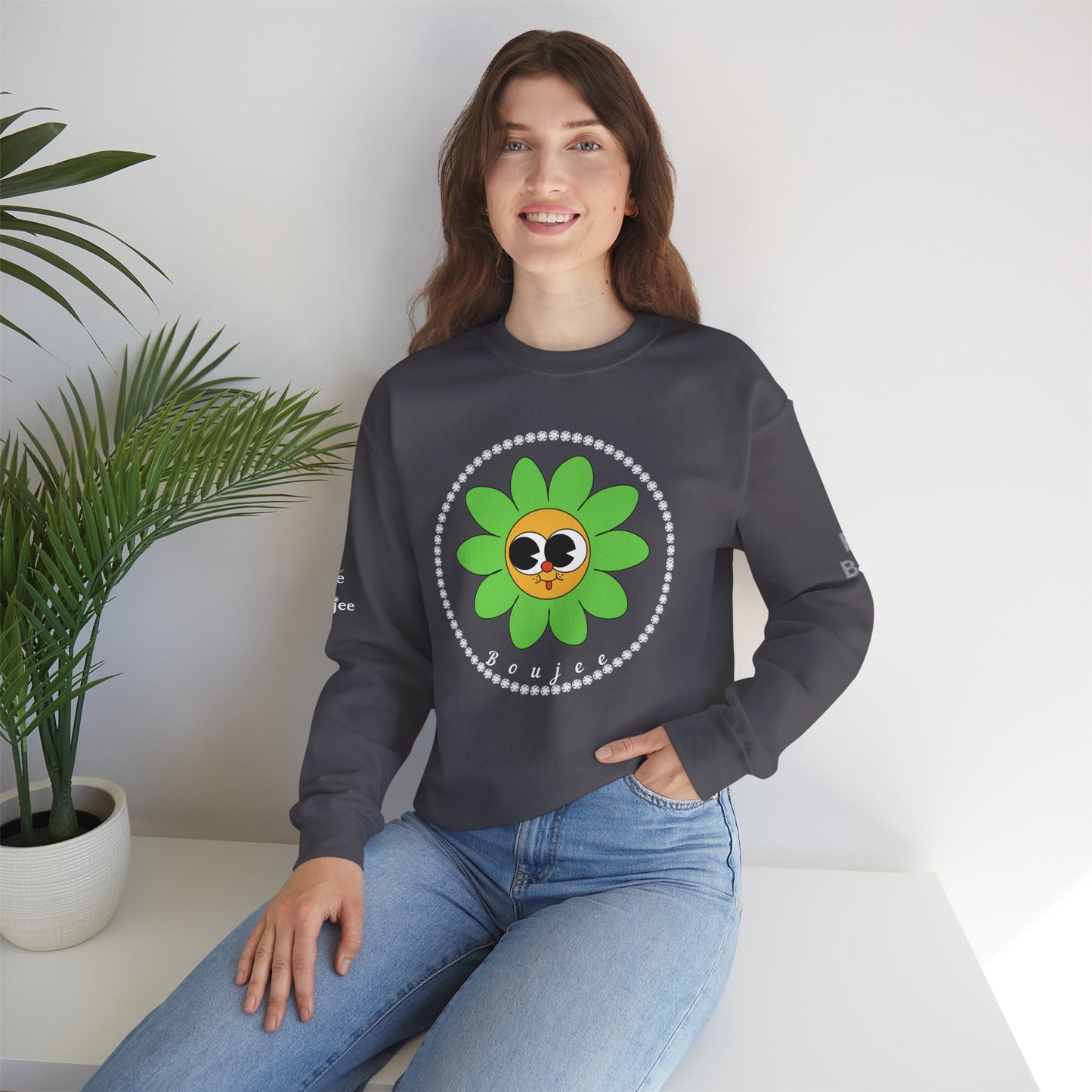 Boujee Flower Smiley Face Green Gold Wide-Eyed - Heavy Blend™ Dark Colors Crewneck Sweatshirt