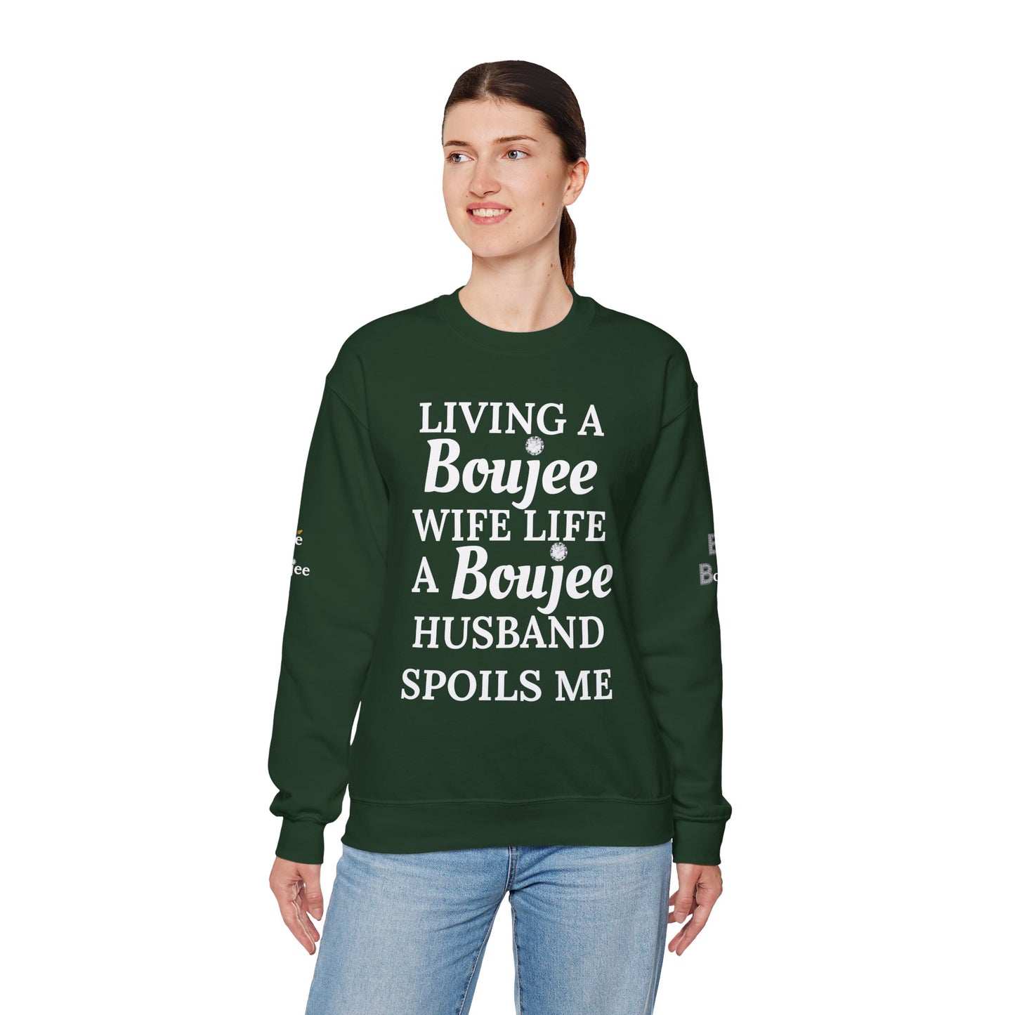 Living a Boujee Wife Life A Boujee Husband Spoils Me - Heavy Blend™ Dark Colors Crewneck Sweatshirt