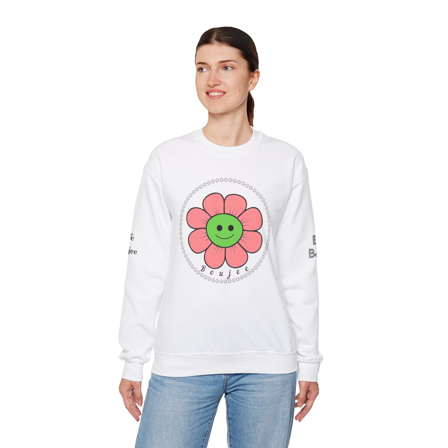 Boujee Flower Smiley Face Pink Green - Heavy Blend™ Light Colors Crewneck Sweatshirt