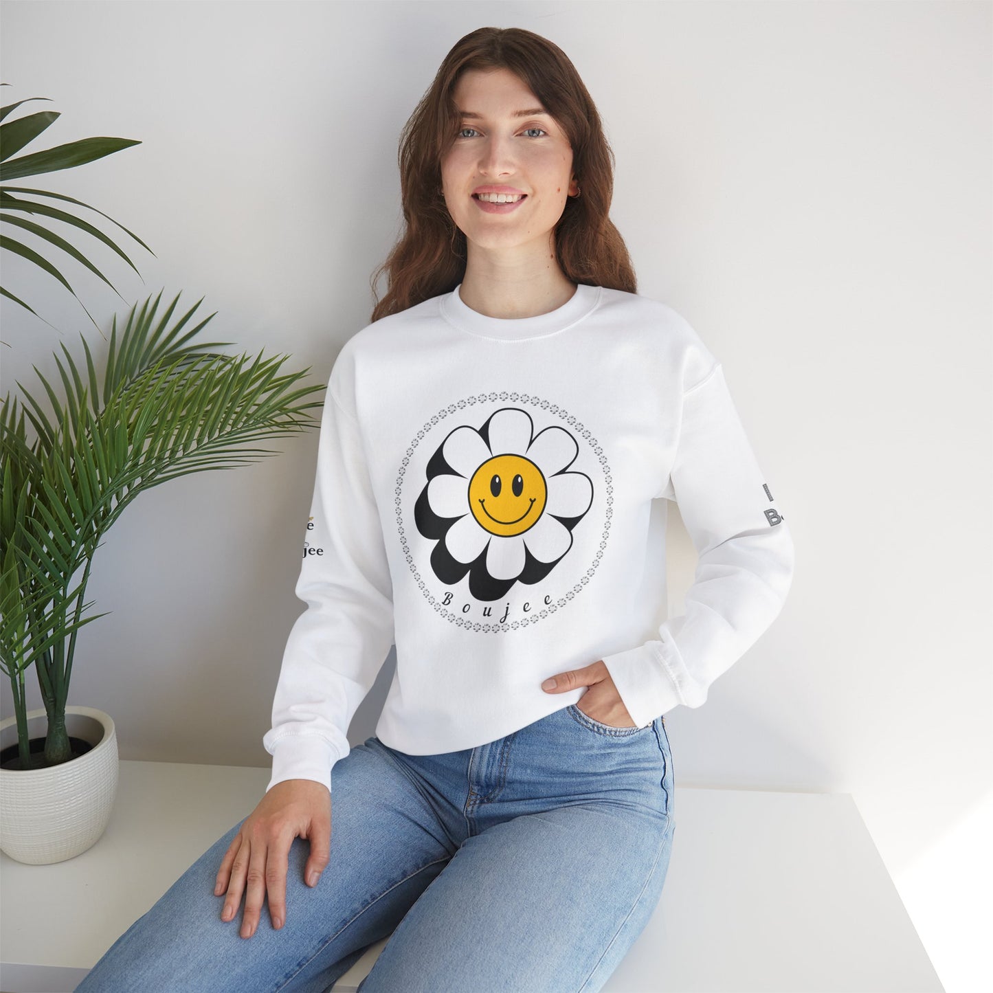 Boujee Flower Smiley Face White Gold - Heavy Blend™ Light Colors Crewneck Sweatshirt