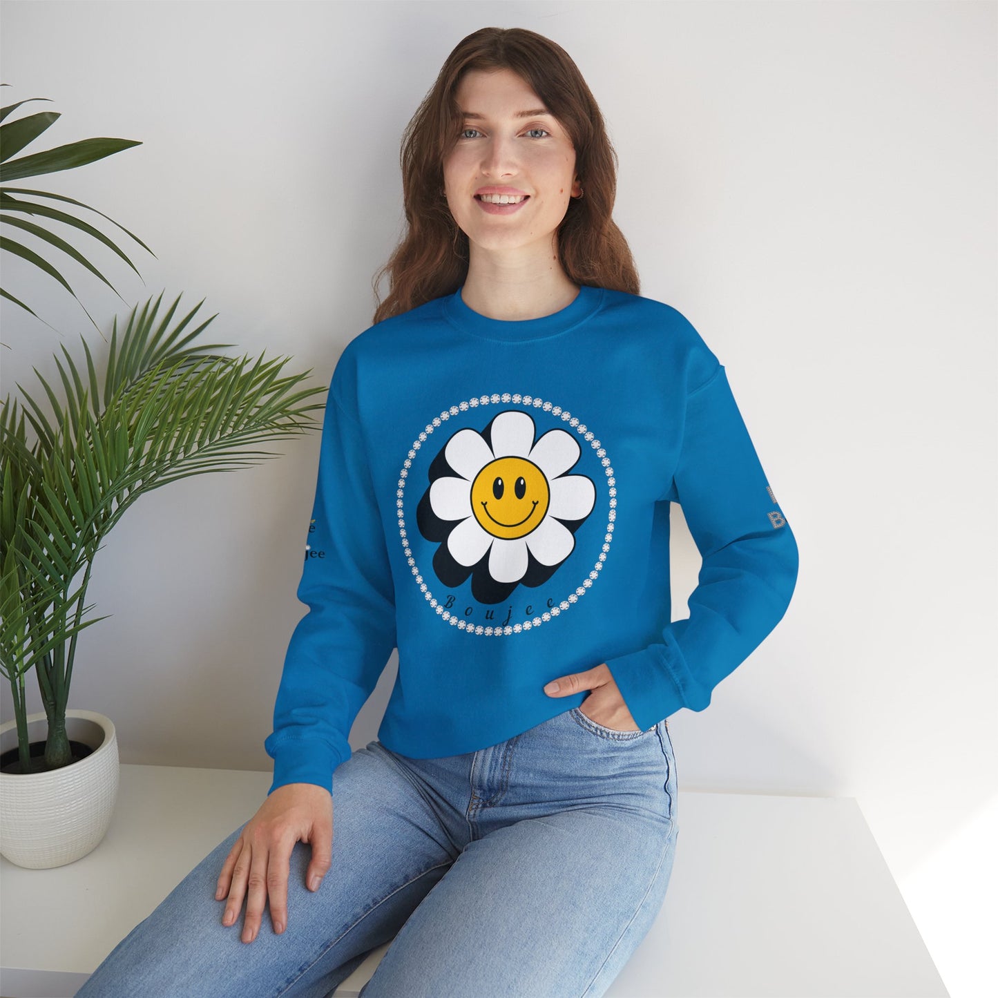 Boujee Flower Smiley Face White Gold - Heavy Blend™ Light Colors Crewneck Sweatshirt