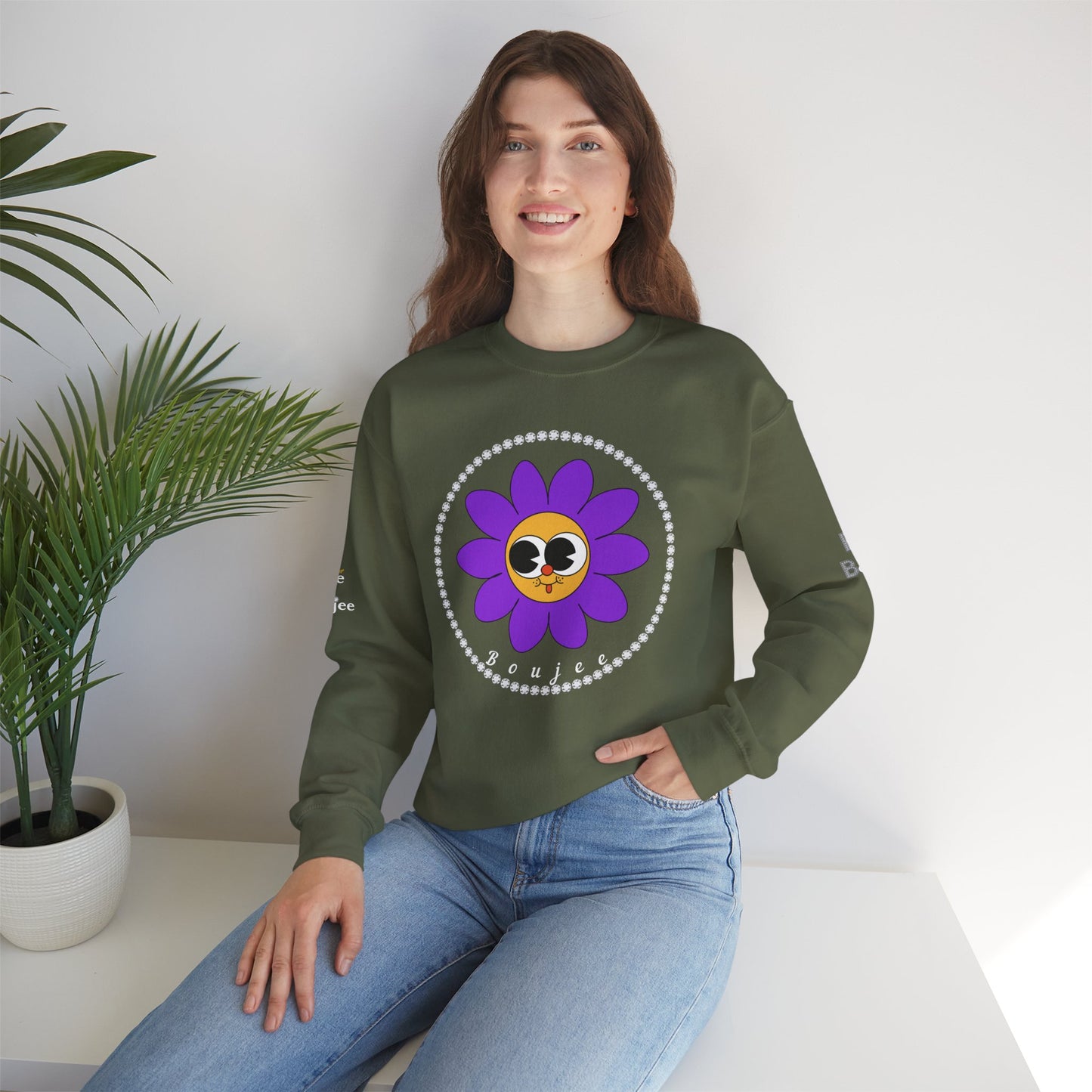 Boujee Flower Smiley Face Purple Gold Wide-Eyed - Heavy Blend™ Dark Colors Crewneck Sweatshirt