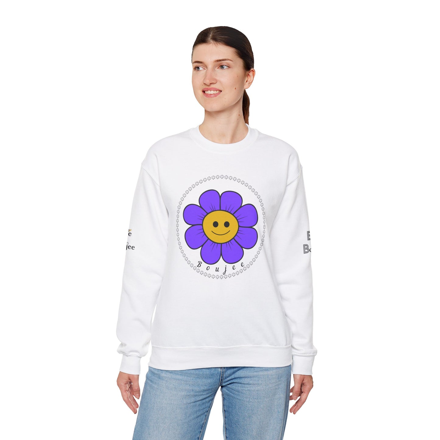 Boujee Flower Smiley Face Purple Gold - Heavy Blend™ Light Colors Crewneck Sweatshirt