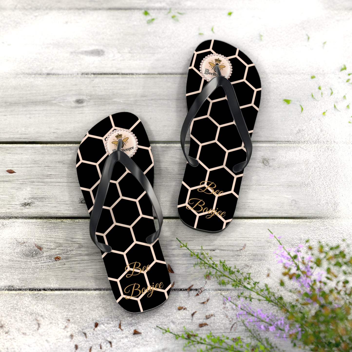 Bee Boujee Peach Honeycomb Flip-Flops (Black & Gold) - LARGE
