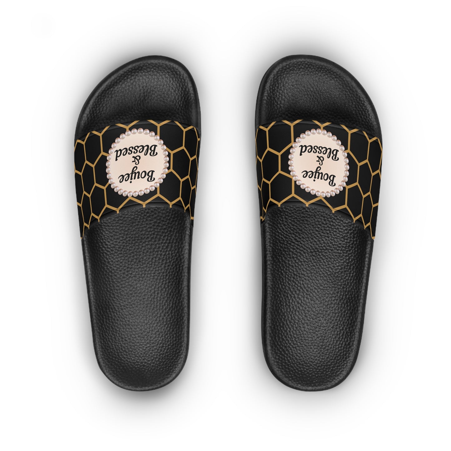 Boujee & Blessed Golden Honeycomb Pearl-Emblem Women’s Slides Sandals