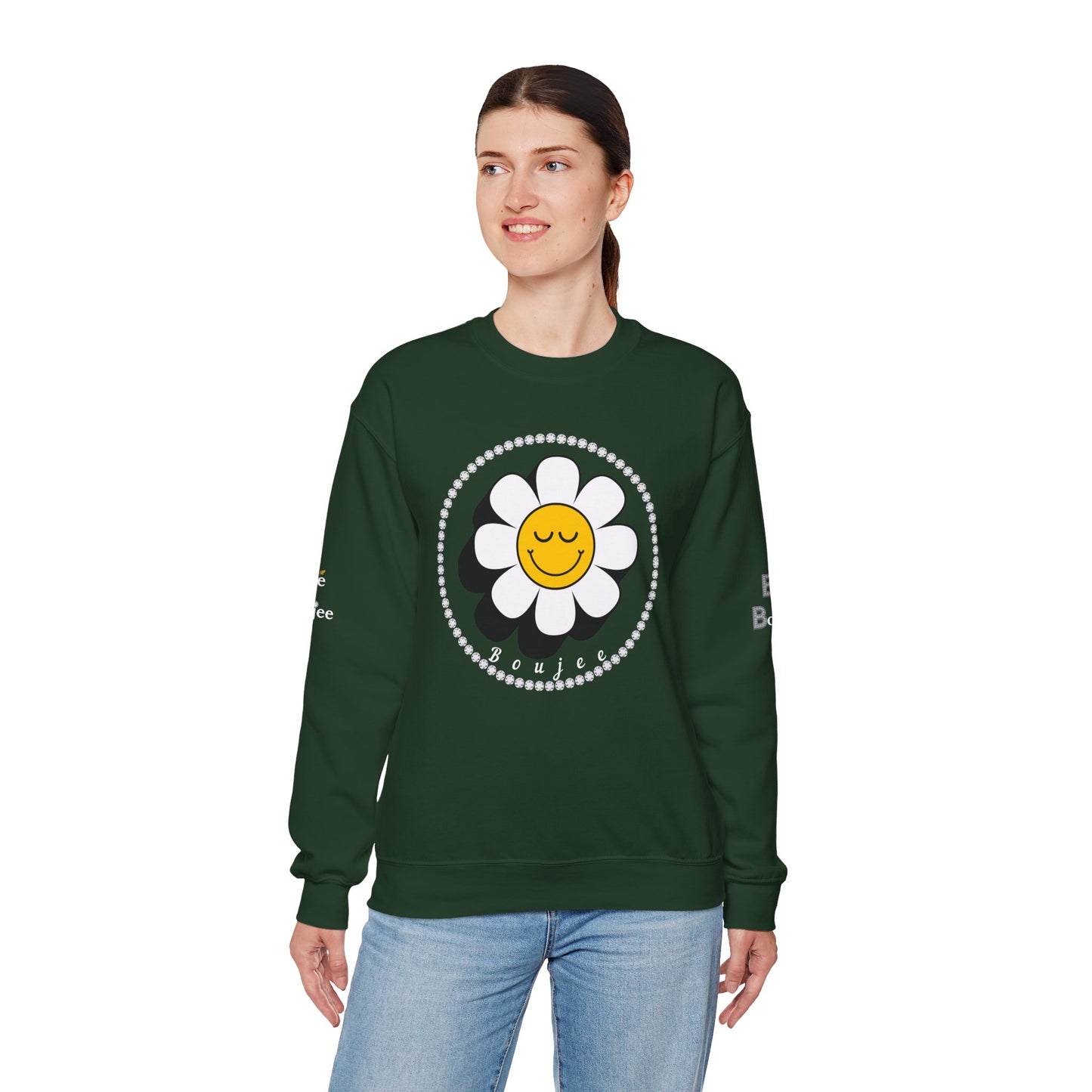 Boujee Flower Smiley Face Closed Eyes - Heavy Blend™ Dark Colors Crewneck Sweatshirt