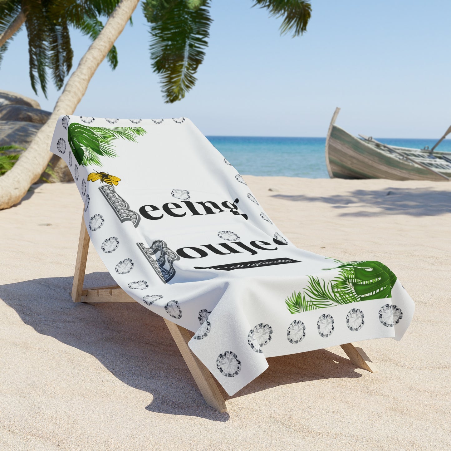 Beeing Boujee Diamonds - Beach Towel WHITE Palm Leaves