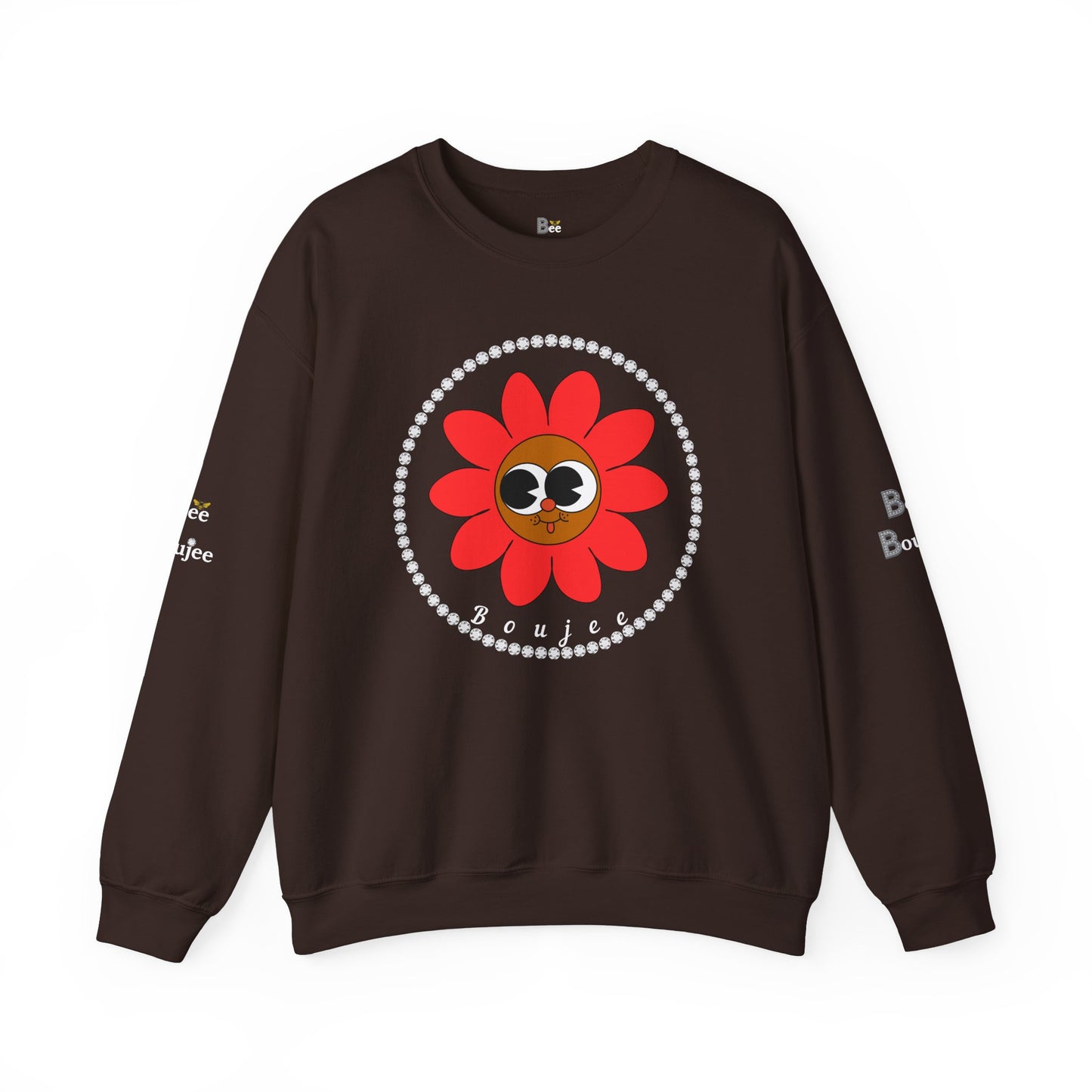 Boujee Flower Smiley Face Red Brown Wide-Eyed - Heavy Blend™ Dark Colors Crewneck Sweatshirt