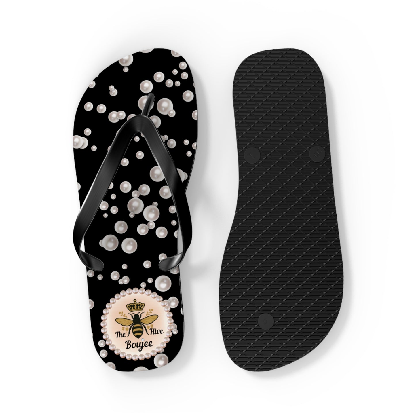 The Boujee Hive Flip Flops - BLACK in Sea of Pearls - LARGE