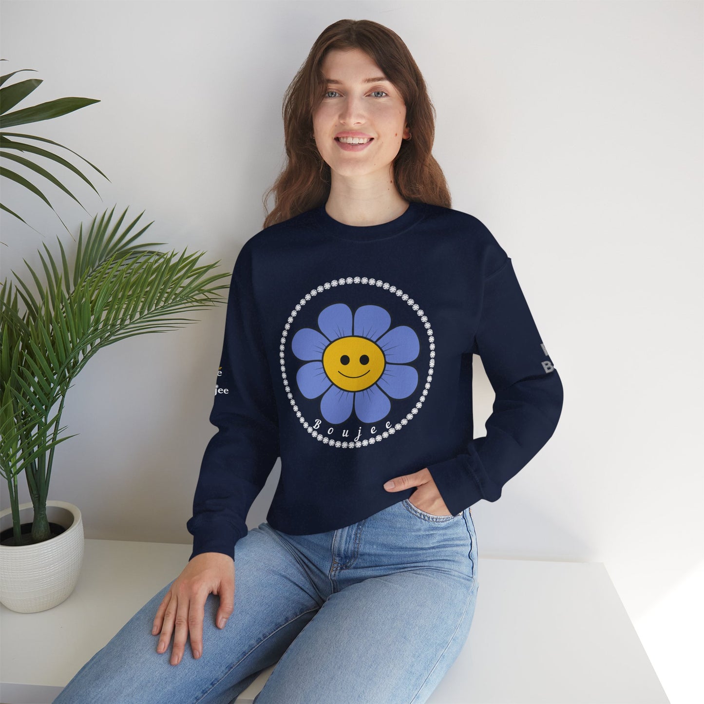 Boujee Flower Smiley Face Blue Gold - Heavy Blend™ Dark Colors Crewneck Sweatshirt