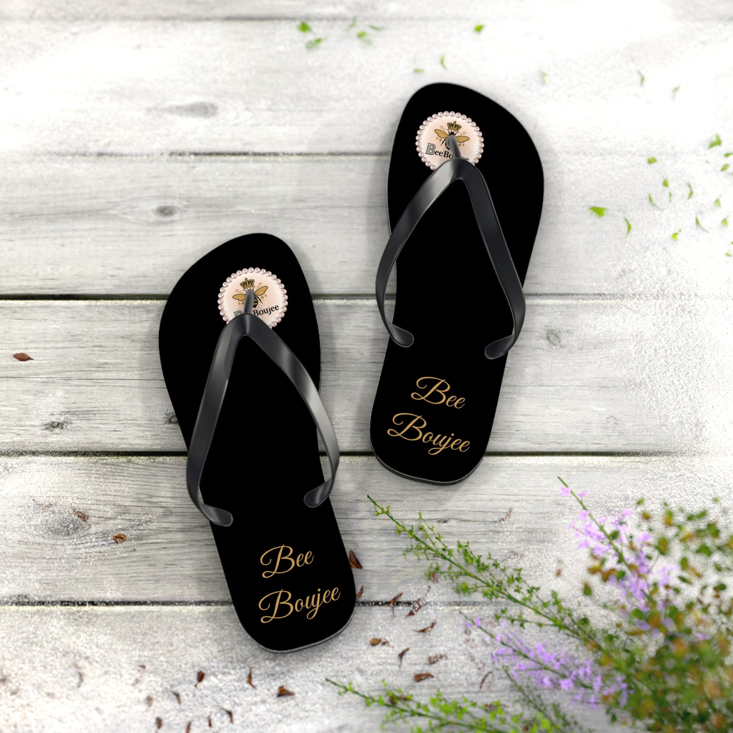 Bee Boujee Crowned-Bee Flip-Flops (Black & Gold)