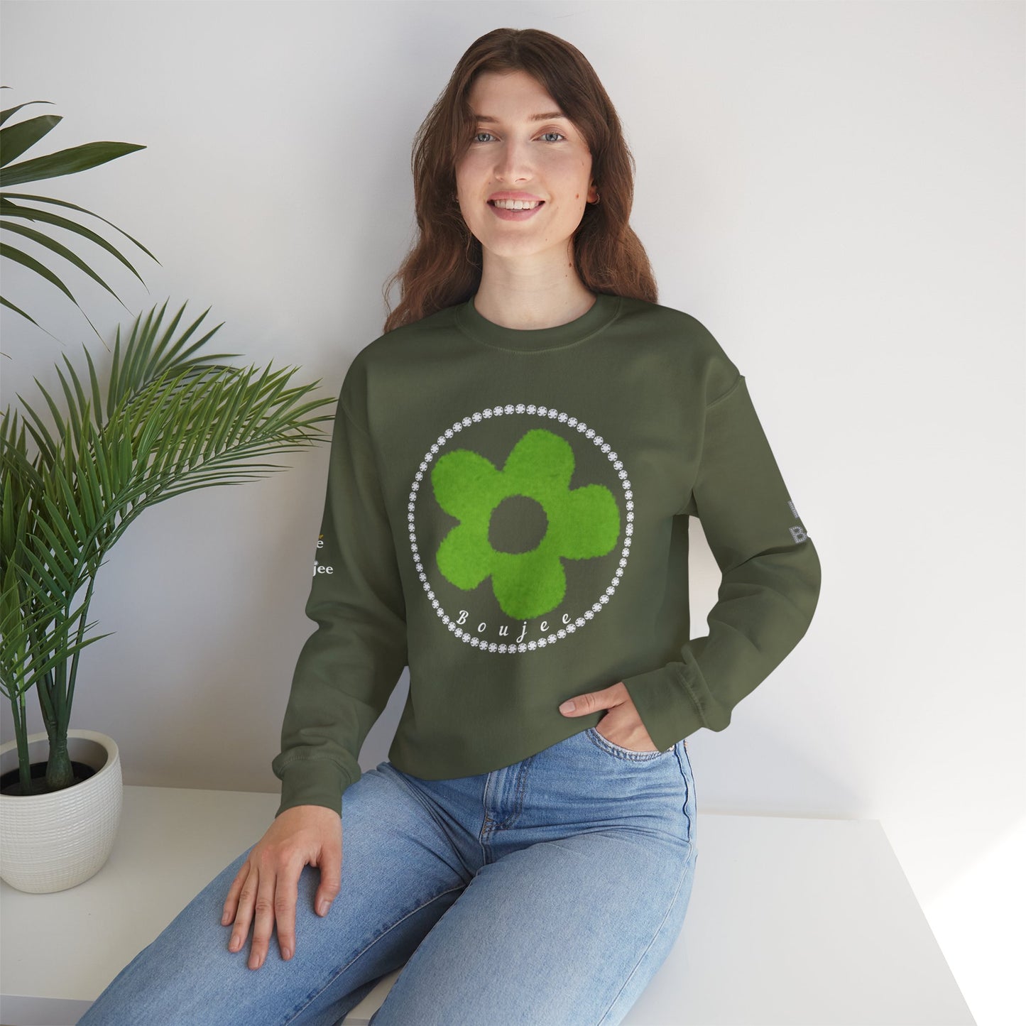 Boujee Fuzzy Green Flower- Heavy Blend™ Dark Colors Crewneck Sweatshirt