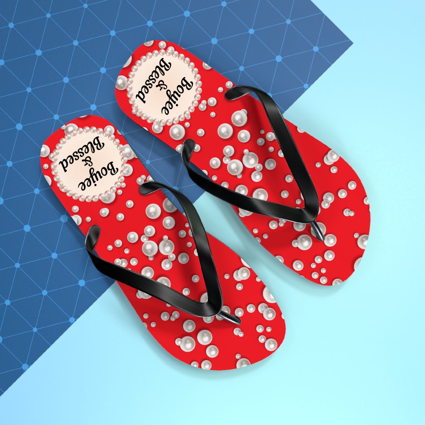Boujee & Blessed Flip Flops - RED in Sea of Pearls - LARGE