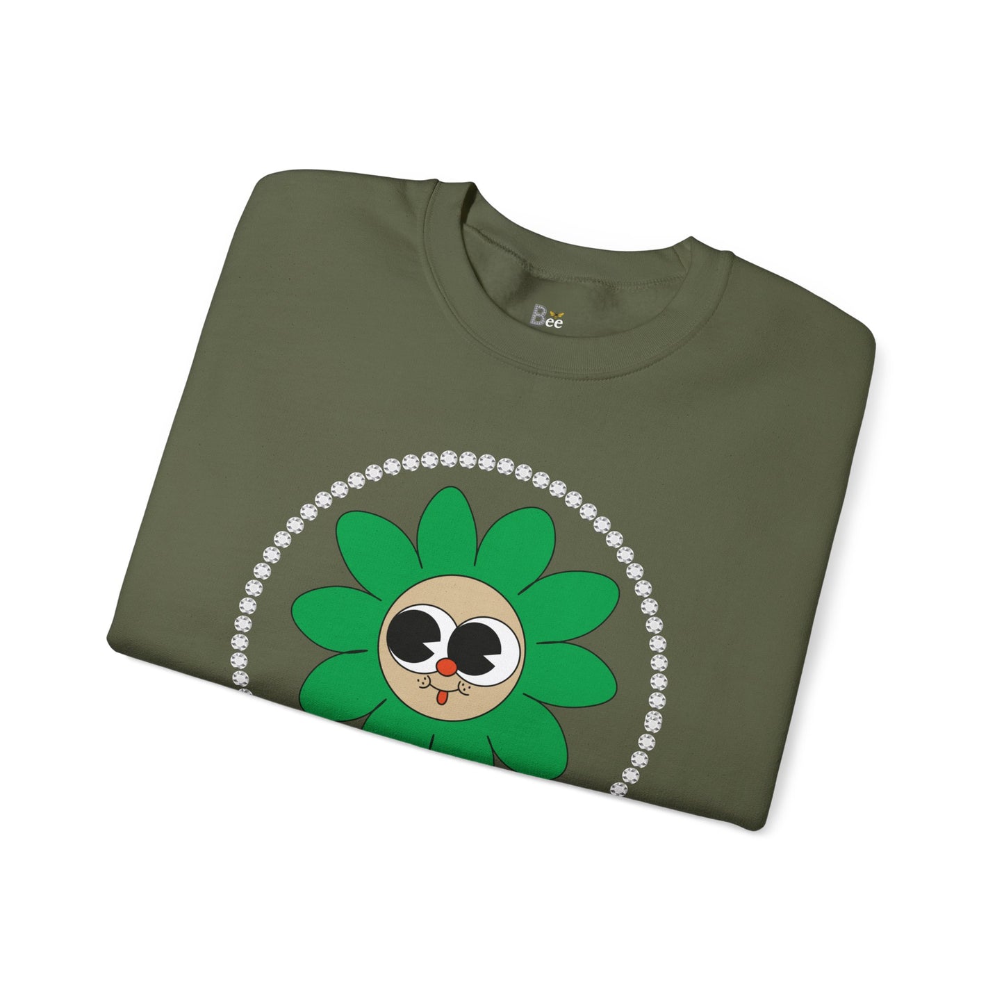Boujee Flower Smiley Face Green Tan Wide-Eyed - Heavy Blend™ Dark Colors Crewneck Sweatshirt