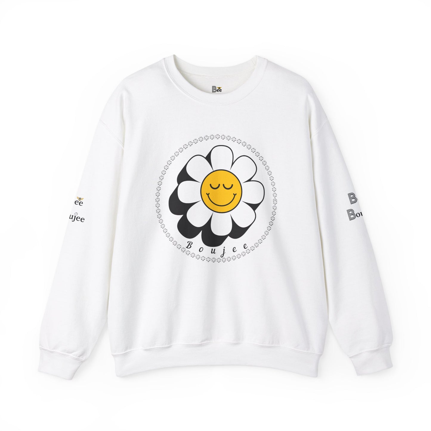 Boujee Flower Smiley Face Closed Eyes White Gold - Heavy Blend™ Light Colors Crewneck Sweatshirt