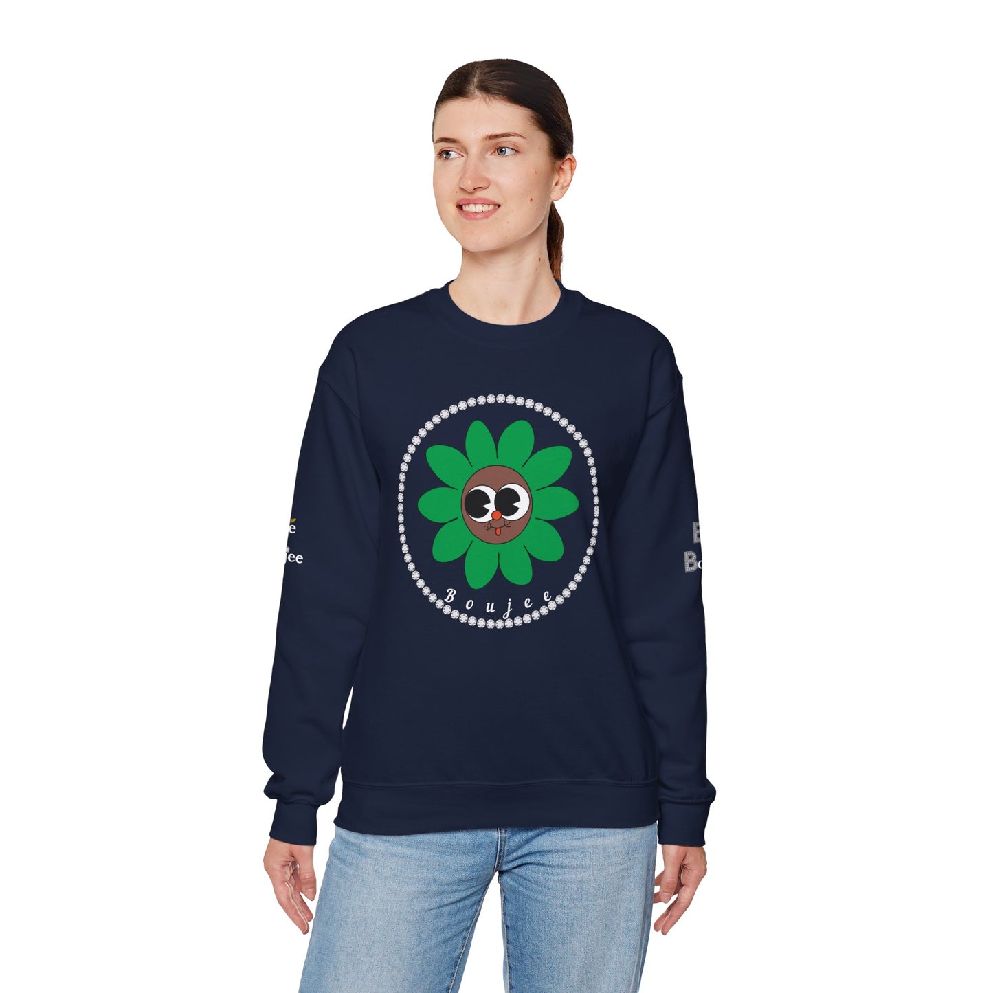 Boujee Flower Smiley Face Green Brown Wide-Eyed - Heavy Blend™ Dark Colors Crewneck Sweatshirt
