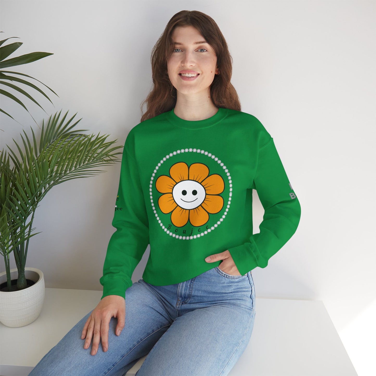 Boujee Flower Smiley Face Gold White - Heavy Blend™ Light Colors Crewneck Sweatshirt