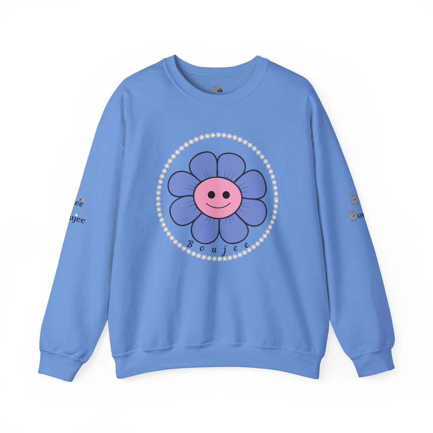 Boujee Flower Smiley Face Blue Pink - Heavy Blend™ Light Colors Crewneck Sweatshirt