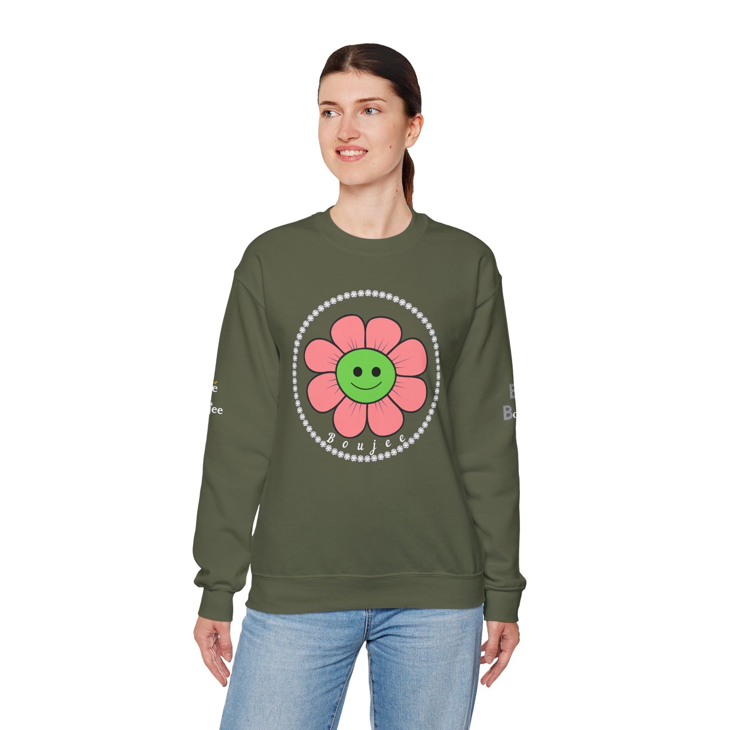 Boujee Flower Smiley Face Pink Green - Heavy Blend™ Dark Colors Crewneck Sweatshirt