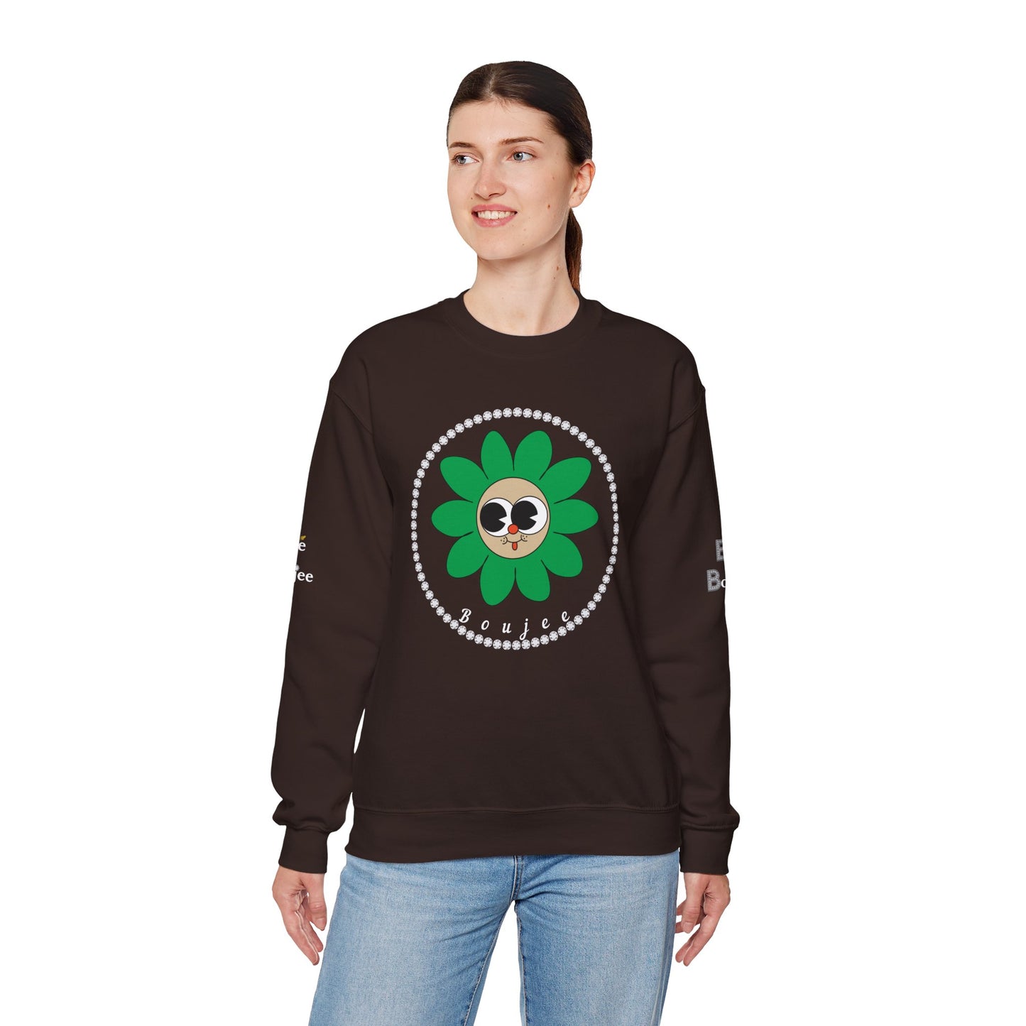 Boujee Flower Smiley Face Green Tan Wide-Eyed - Heavy Blend™ Dark Colors Crewneck Sweatshirt