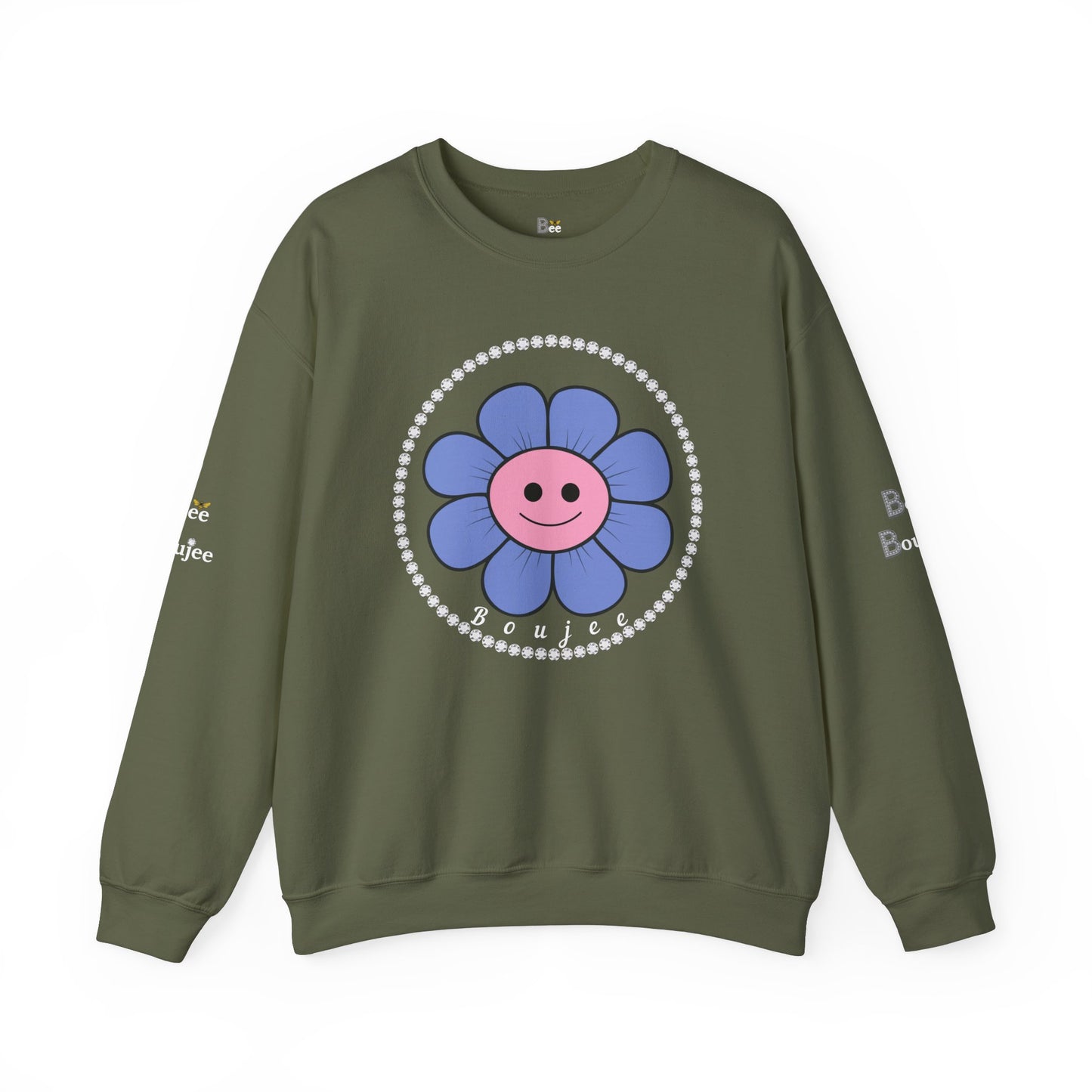 Boujee Flower Smiley Face Blue Pink - Heavy Blend™ Dark Colors Crewneck Sweatshirt