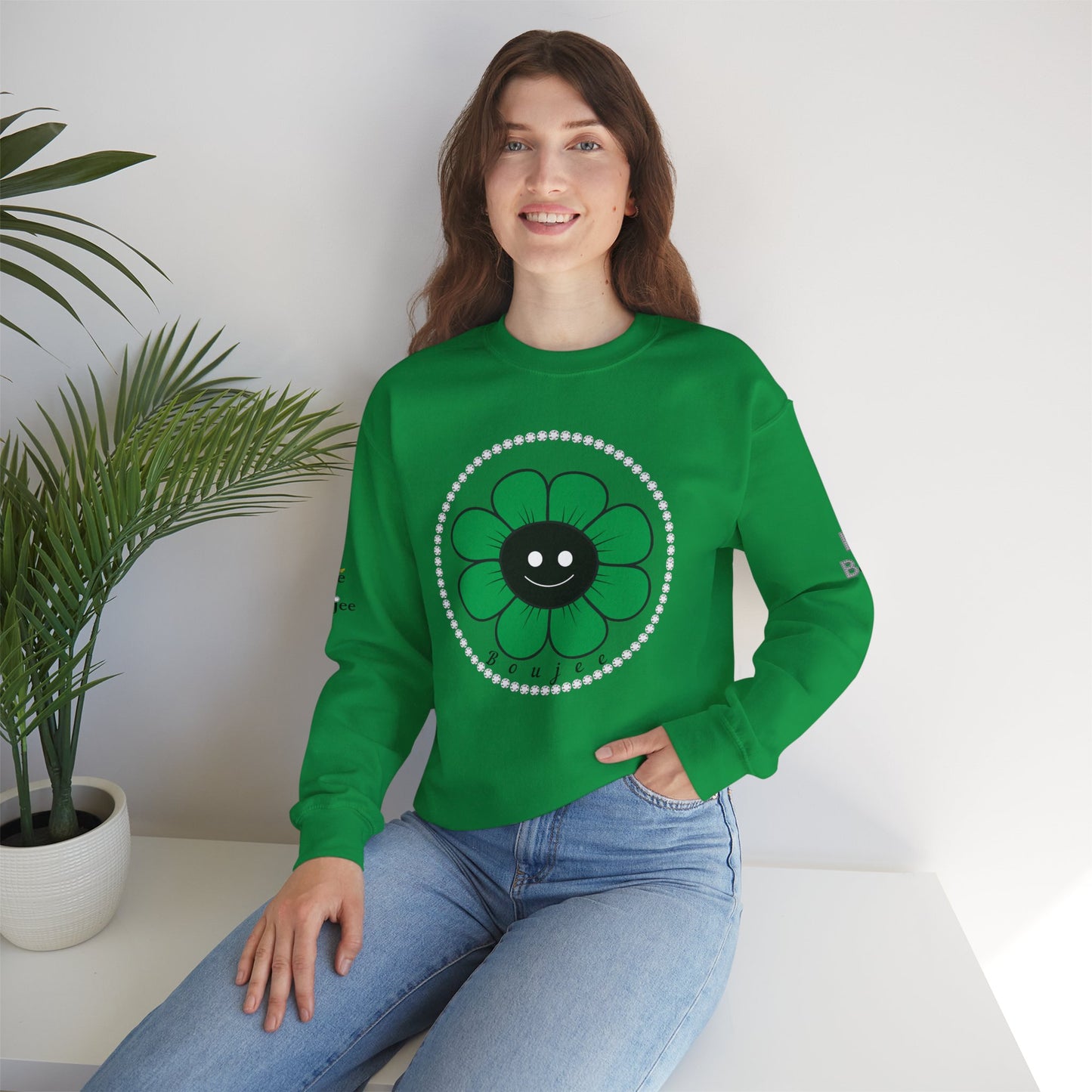 Boujee Flower Smiley Face Green Black - Heavy Blend™ Light Colors Crewneck Sweatshirt