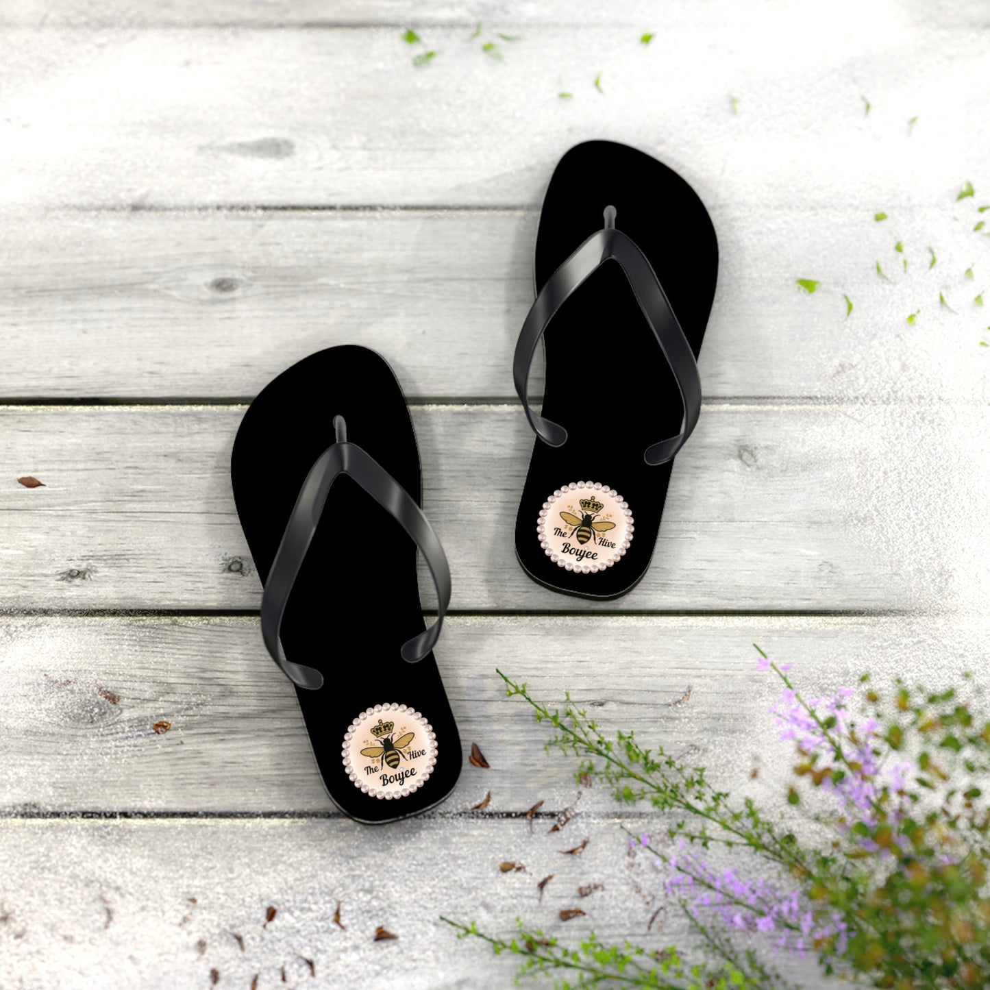 The Boujee Hive Crowned-Bee BLACK Flip-Flops - SMALL