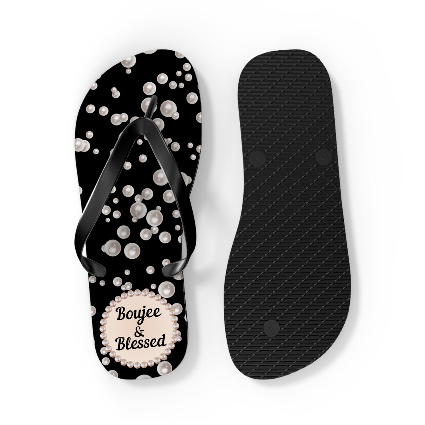 Boujee & Blessed Flip Flops - BLACK in Sea of Pearls - LARGE