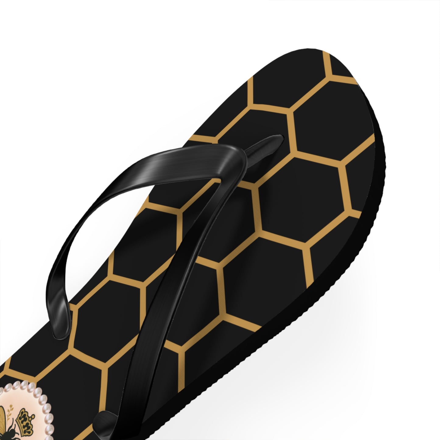 The Boujee Hive Flip Flops - BLACK Golden Honeycomb - MEDIUM