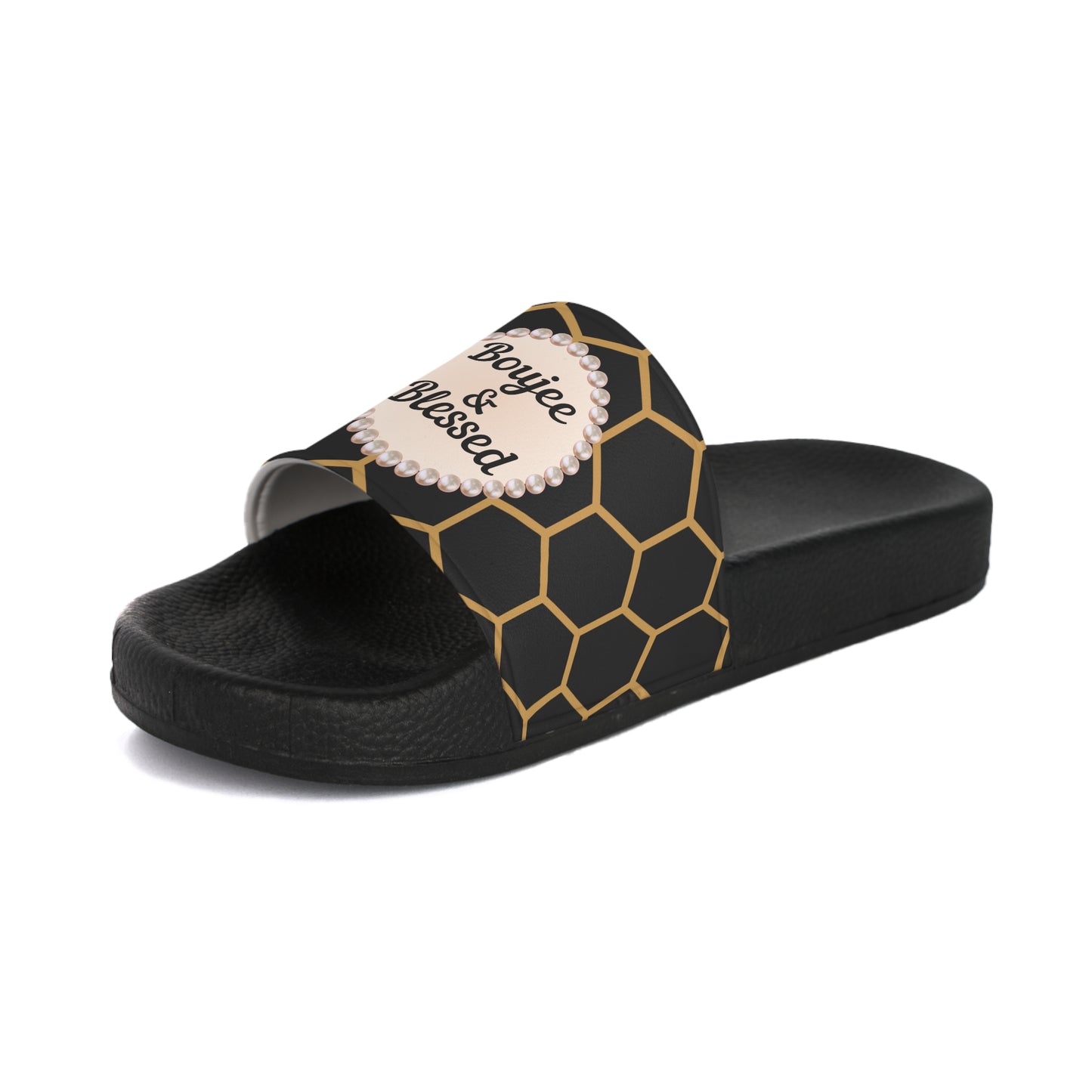 Boujee & Blessed Golden Honeycomb Pearl-Emblem Women’s Slides Sandals