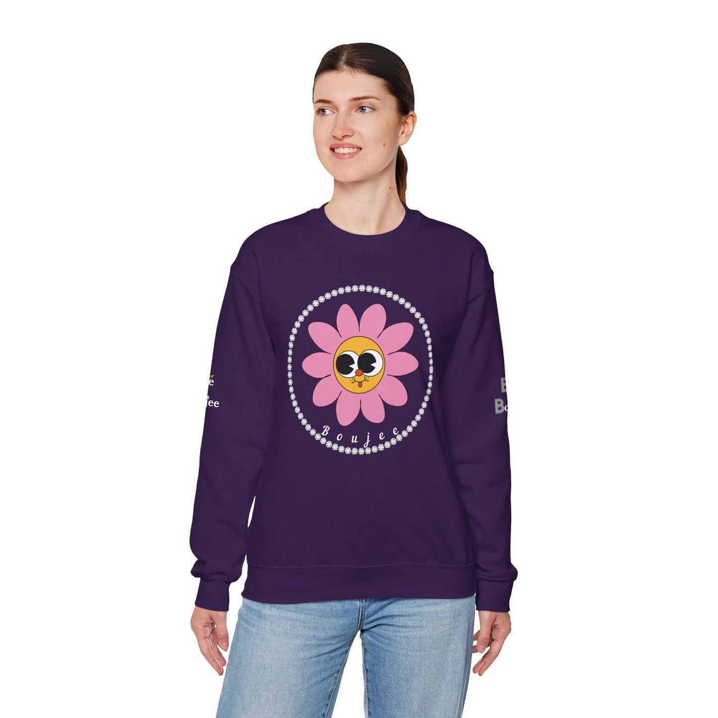 Boujee Flower Smiley Face Pink Gold Wide-Eyed - Heavy Blend™ Dark Colors Crewneck Sweatshirt