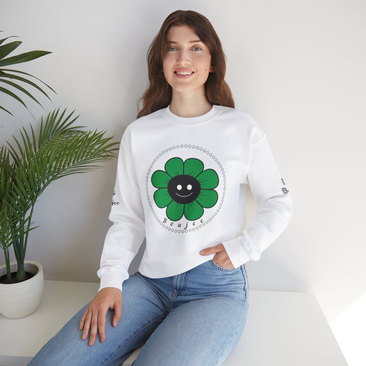 Boujee Flower Smiley Face Green Black - Heavy Blend™ Light Colors Crewneck Sweatshirt