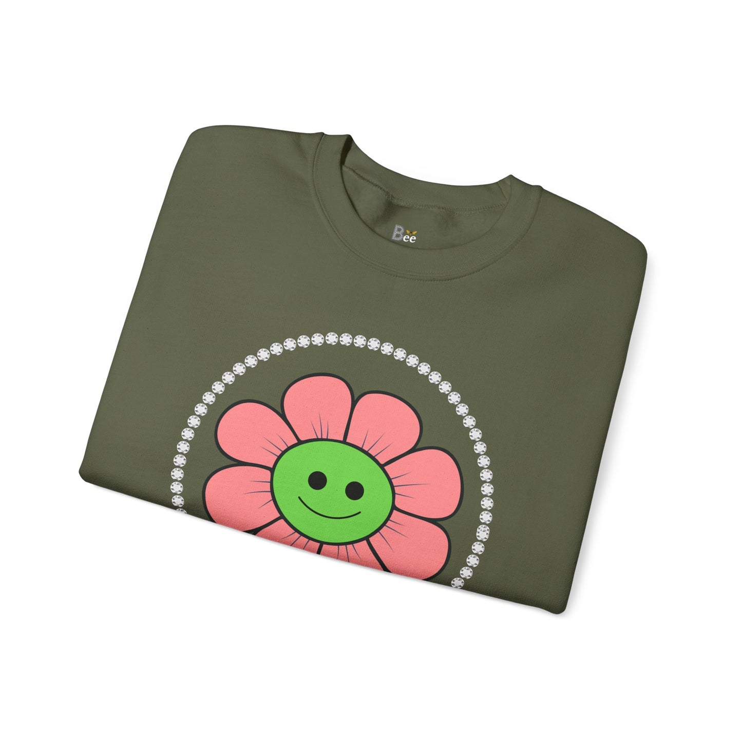 Boujee Flower Smiley Face Pink Green - Heavy Blend™ Dark Colors Crewneck Sweatshirt