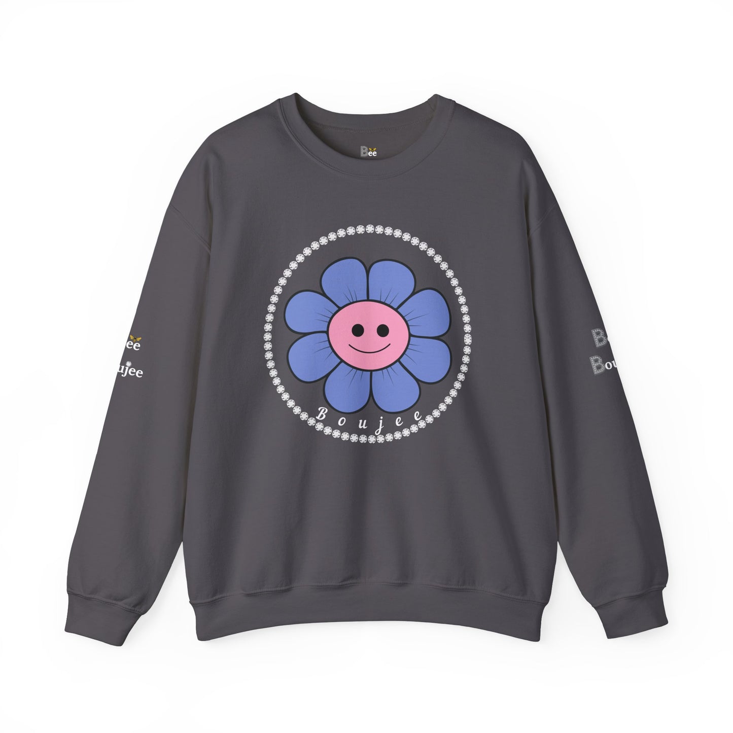 Boujee Flower Smiley Face Blue Pink - Heavy Blend™ Dark Colors Crewneck Sweatshirt