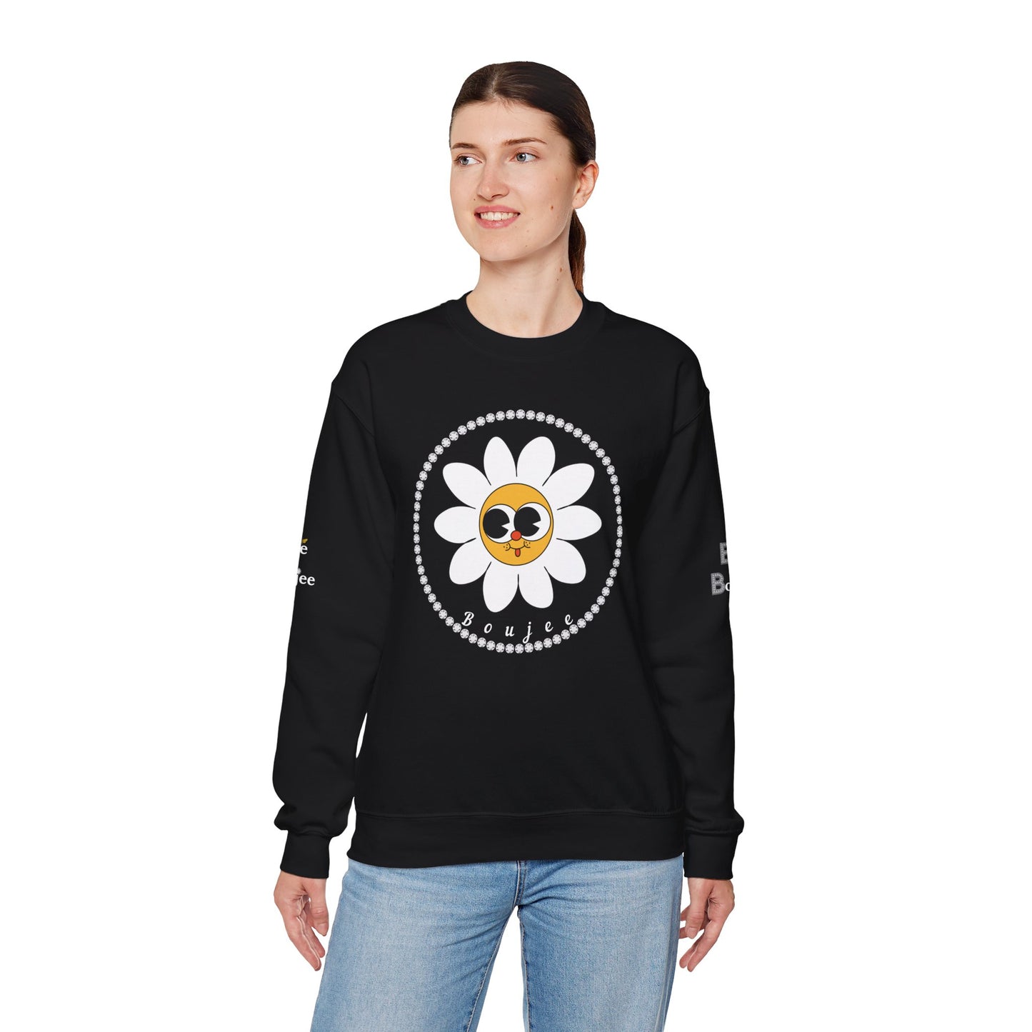 Boujee Flower Smiley Face White Gold Wide-Eyed - Heavy Blend™ Dark Colors Crewneck Sweatshirt