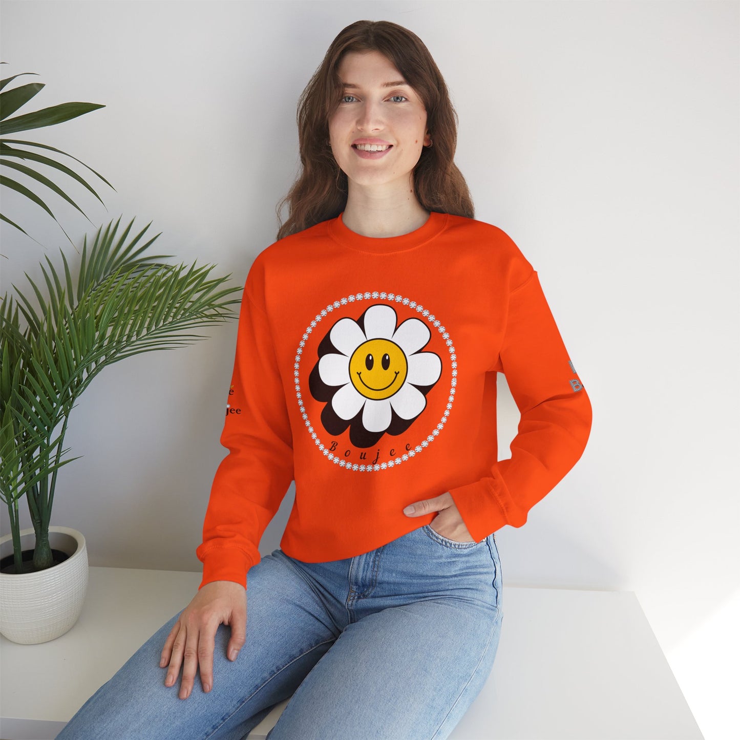 Boujee Flower Smiley Face White Gold - Heavy Blend™ Light Colors Crewneck Sweatshirt