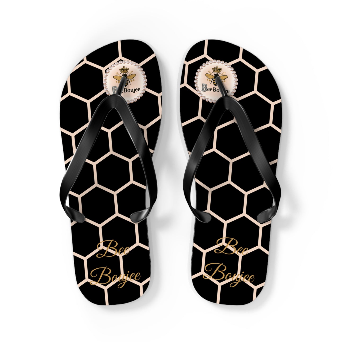 Bee Boujee Peach Honeycomb Flip-Flops (Black & Gold) - LARGE