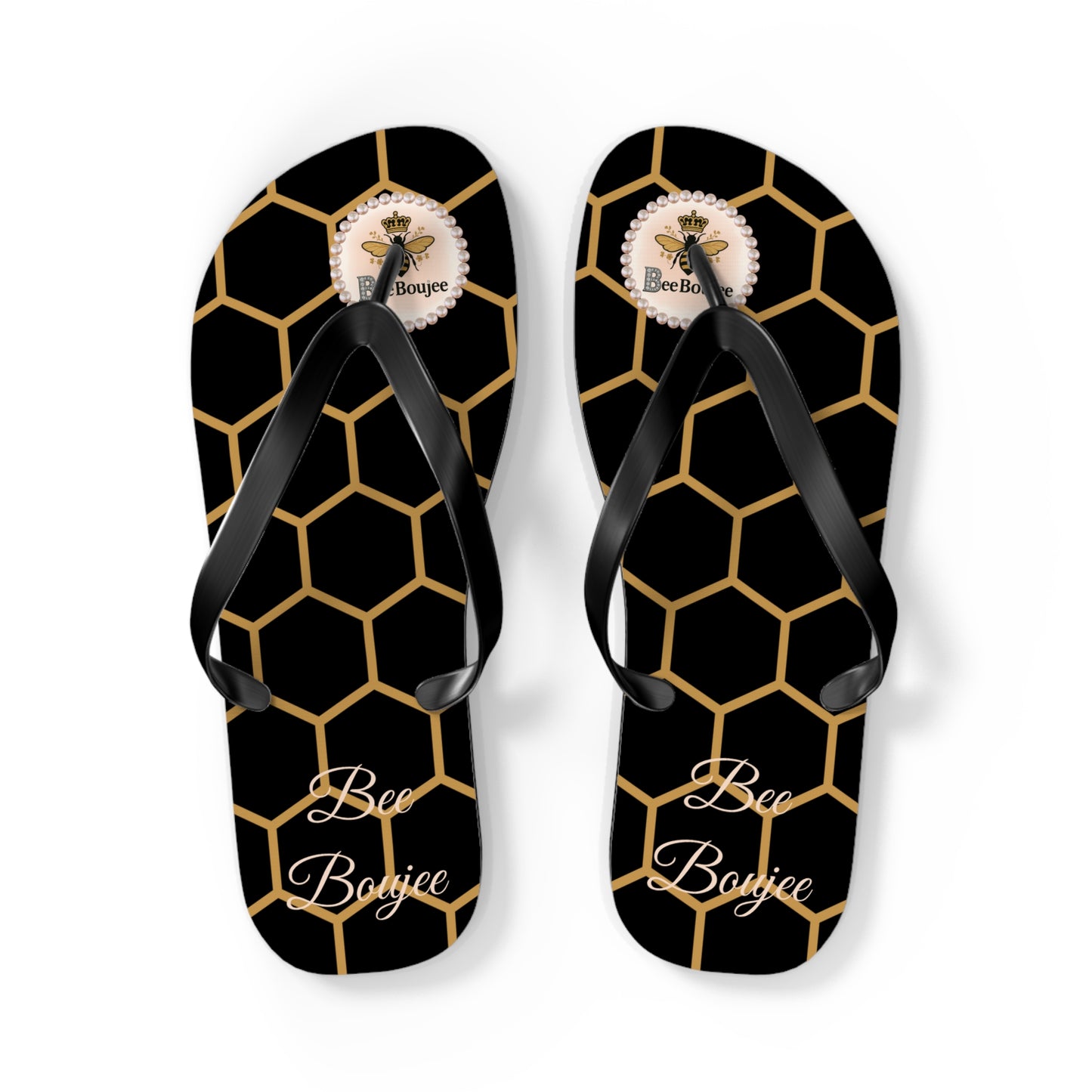 Bee Boujee Golden Honeycomb Flip-Flops (Black & Gold) - LARGE