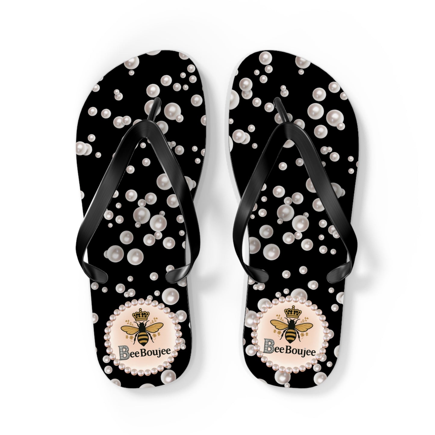 Bee Boujee Flip Flops - BLACK in Sea of Pearls - LARGE