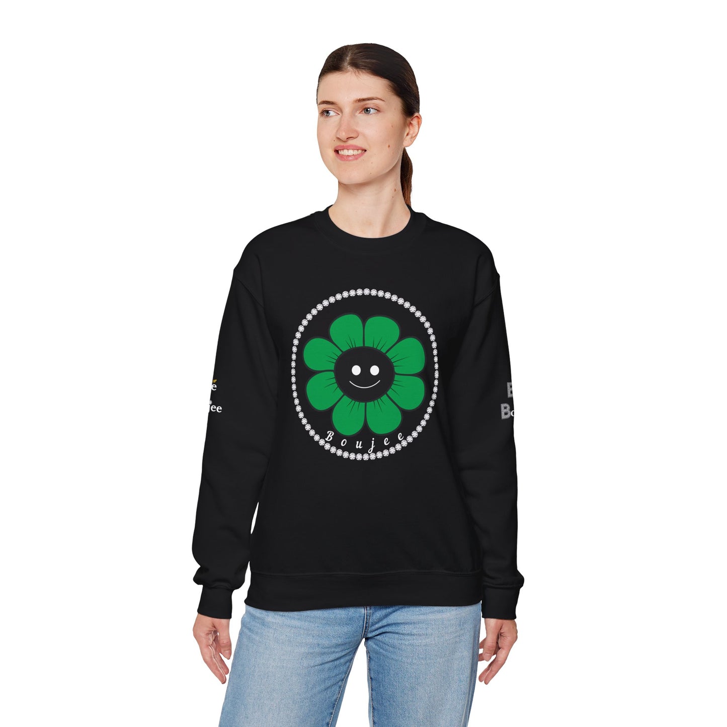 Boujee Flower Smiley Face Green Black - Heavy Blend™ Dark Colors Crewneck Sweatshirt