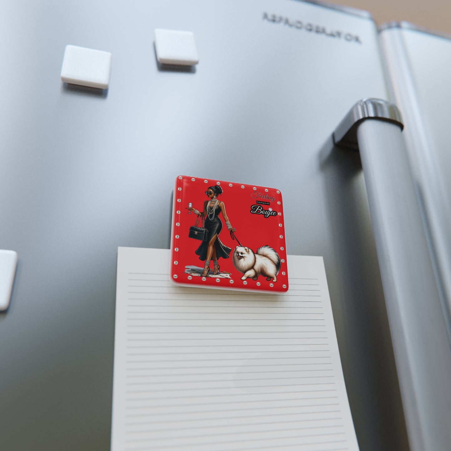Feeling Boujee in PEARLS - Porcelain Magnet 02, Square RED