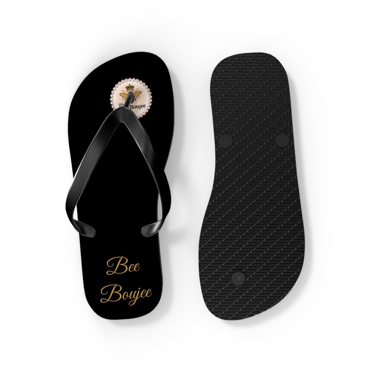 Bee Boujee Crowned-Bee Flip-Flops (Black & Gold) - MEDIUM