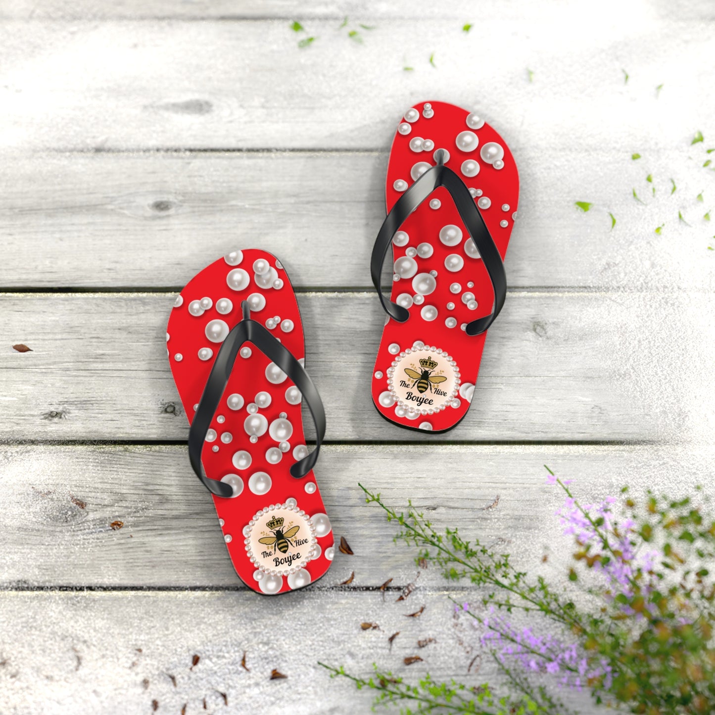 The Boujee Hive Crowned-Bee RED (Sea of Pearls) Flip-Flops - SMALL